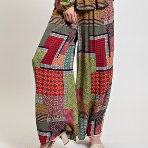 easel Pants - Easel Boho Patchwork Gauze Palazzo Pants | Green Combo | Smocked Waist | NWT | S